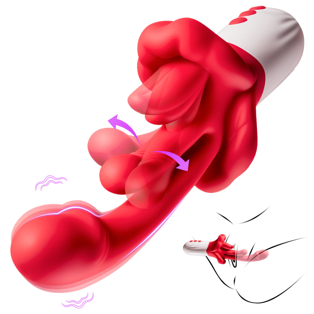 Female vibrator, Excitat, 5 in 1, Red lips and tongue licking, 10 vibrations, 5 rocking, 5 tongue licking modes, With clitoral, G-spot and anal stimulator, silicone, waterproof, Suitable for both women and couples, Red