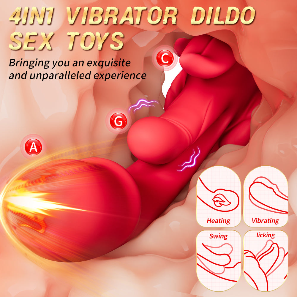 Female vibrator, Excitat, 5 in 1, Red lips and tongue licking, 10 vibrations, 5 rocking, 5 tongue licking modes, With clitoral, G-spot and anal stimulator, silicone, waterproof, Suitable for both women and couples, Red