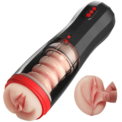 STROKER- 5-in-1 Multifunctional Masturbator with 5 Thrusting and Suction, 10 Vibration, and Transparent Removable Cover Male Masturbator