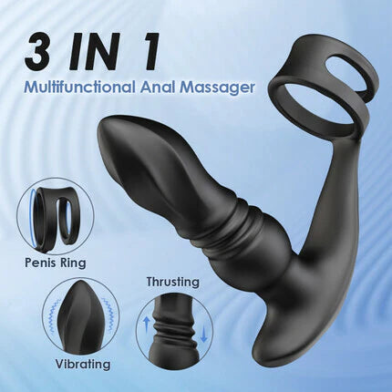 ANAL TOY-Drill Spirals, 7 Thrusting &amp; Vibrating, Edible Silicone Thrusting Prostate Massager with Double Cock Rings For Man