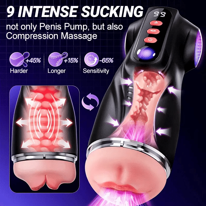STROKER-Masturbators Cup 3 Sleeves Pocket Pussy Penis Pump with 9 Sucking & 9 Vibrating Male Masturbator