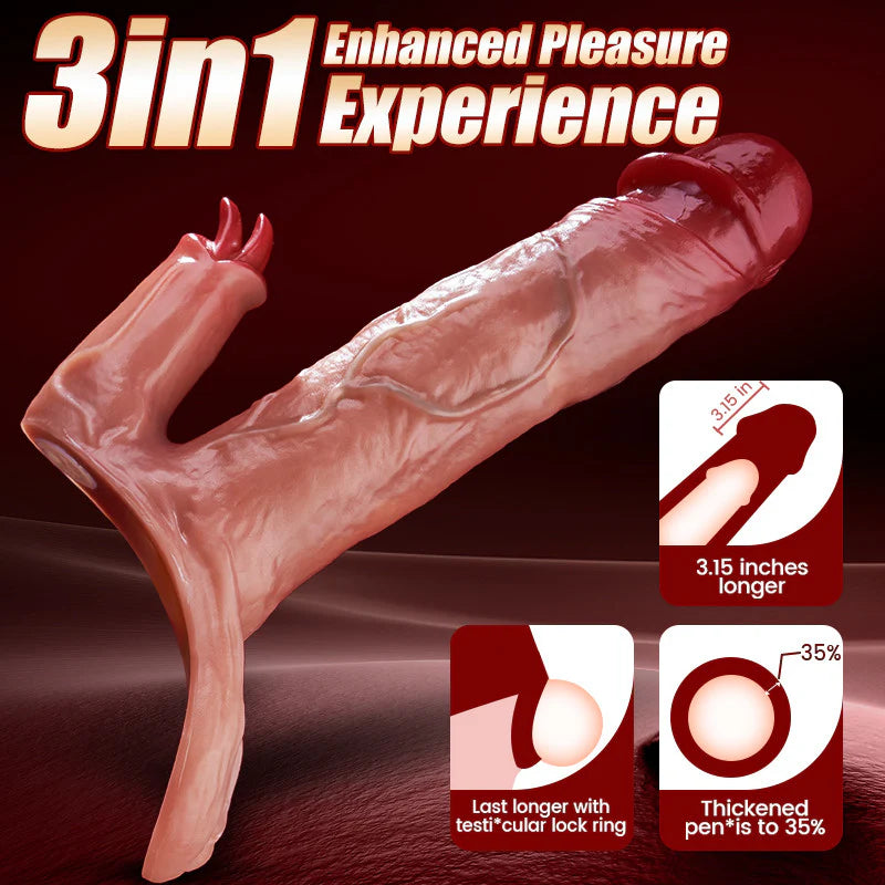 Realistic Dildo-Thicker & Longer Extender for Endurance Dual Motor Tongue & Glans Vibrating Penis Sleeve