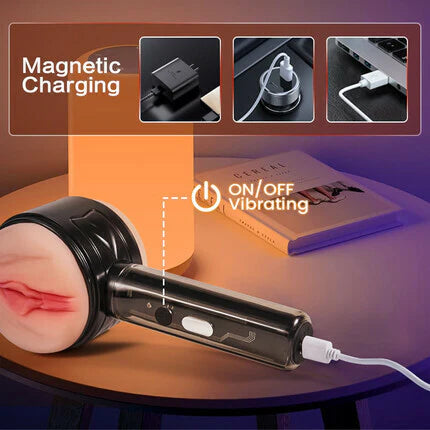 STROKER-Masturbation cup Lifelike Labia & Tight Anal 2 in 1, 3D Dual Textured Channel , 10 Vibration, Dual Motors
