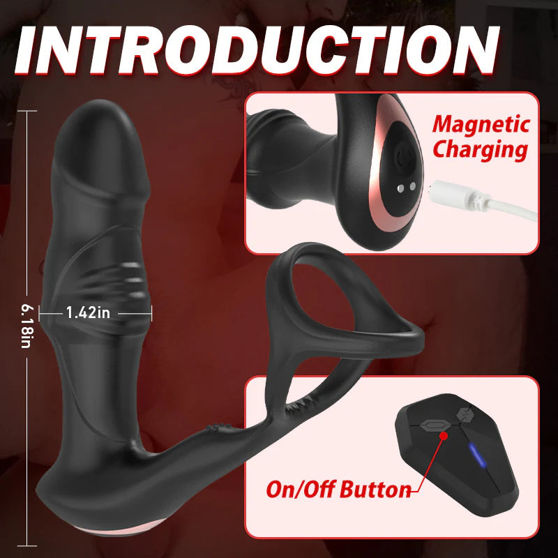ANAL TOY-3 In 1 Wriggling Swaying Vibrating 9 Wriggling Swaying Male Prostate Toy with Cock Ring