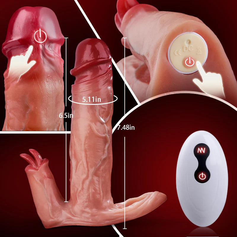 Realistic Dildo-Thicker & Longer Extender for Endurance Dual Motor Tongue & Glans Vibrating Penis Sleeve