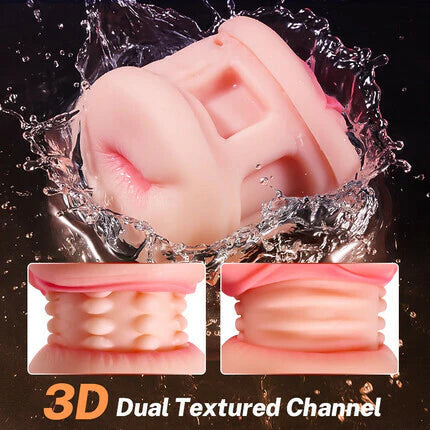 STROKER-Masturbation cup Lifelike Labia & Tight Anal 2 in 1, 3D Dual Textured Channel , 10 Vibration, Dual Motors